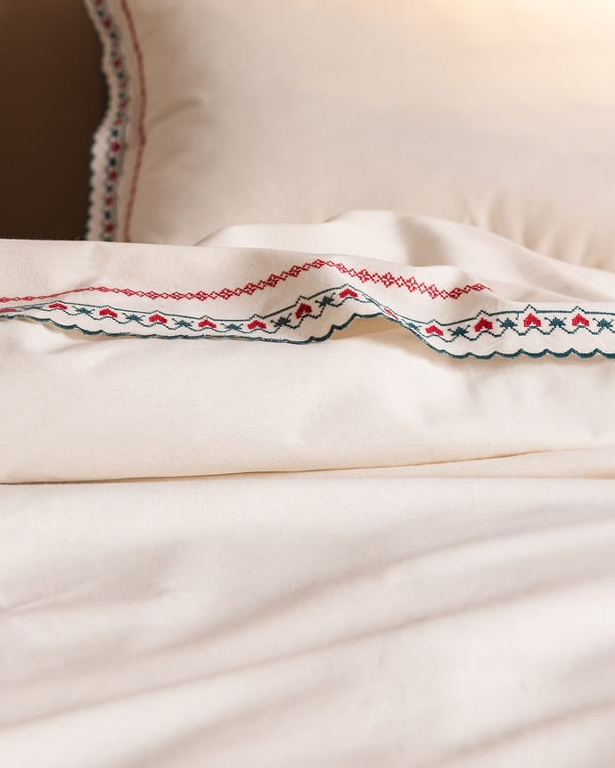 Gao Double 100% Cotton Embroidered Washed Sheet Duvet Cover Set - Ecru