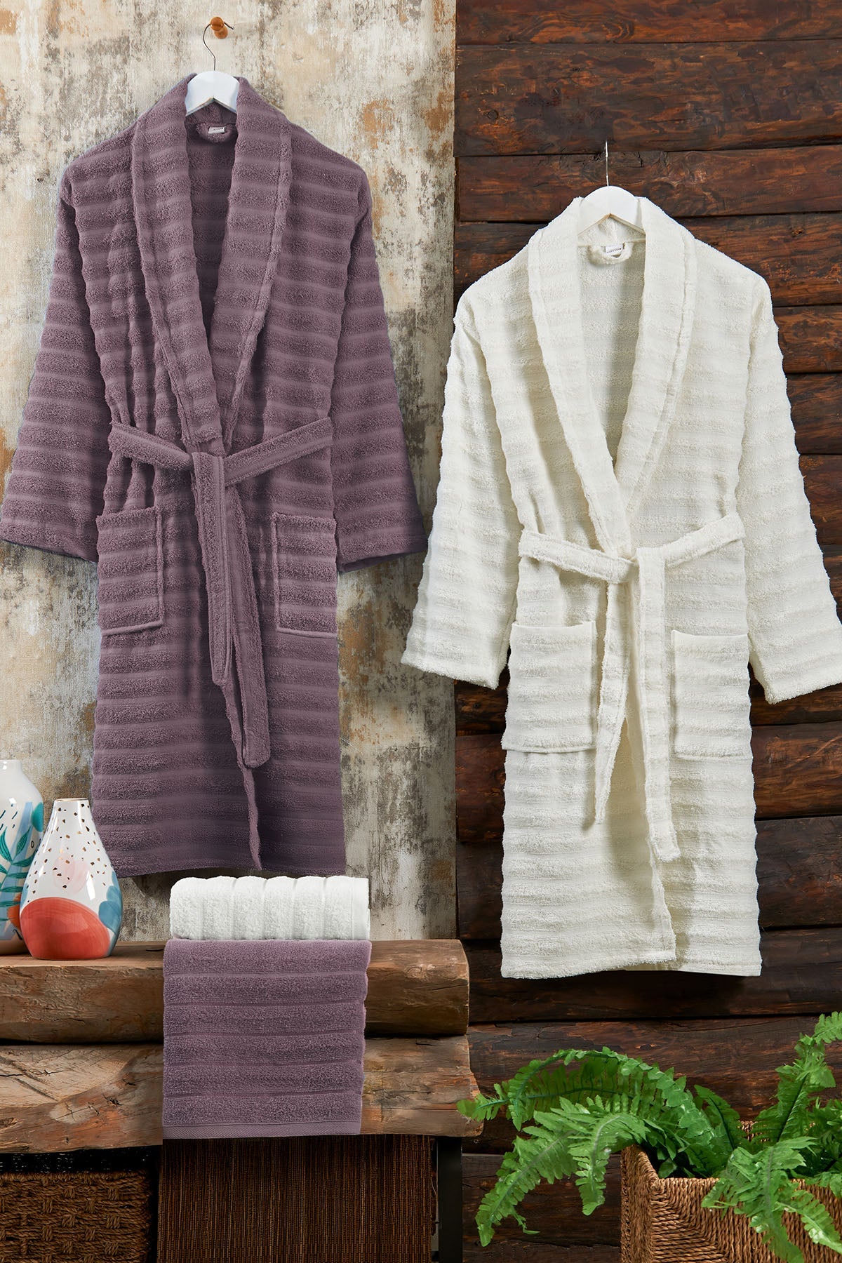 Soft Bathrobe Family Set, 4-Piece Hammam Set (70x135 cm), Plum - Cream