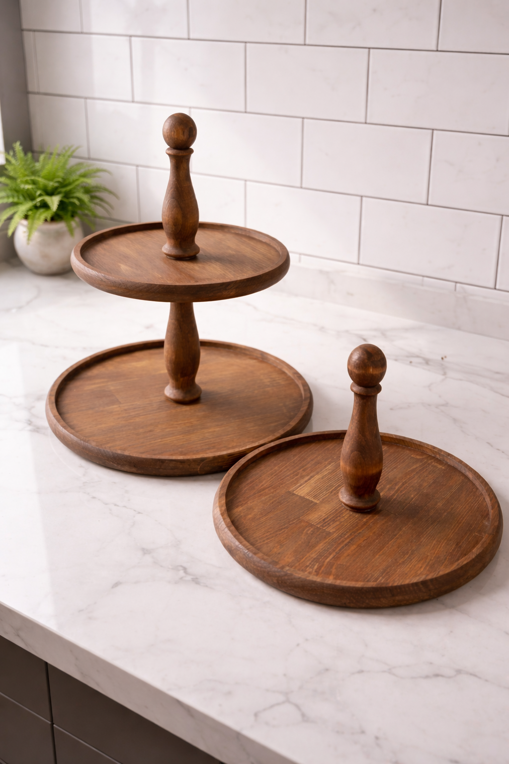 2 Piece Large Size Wooden Serving Stand with Handles