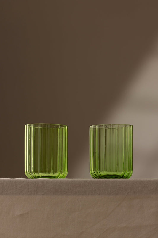 Flower Handmade Self-Colored 2-Piece Water Glass Set, Green, 450 cc