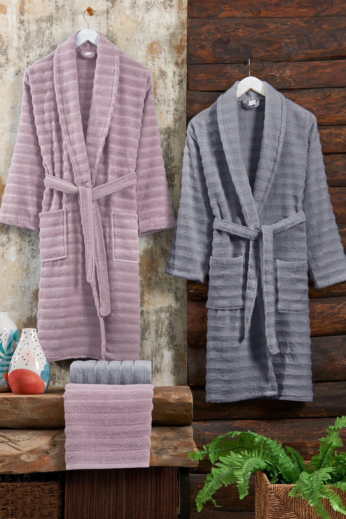 Soft Bathrobe Family Set, 4-Piece Hammam Set (70x135 cm), Rose Pink-Gray