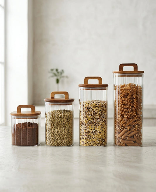 Set of 4 Ribbed Glass Jars with Acacia Lids
