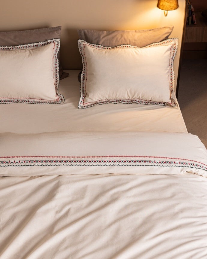Gao Double 100% Cotton Embroidered Washed Sheet Duvet Cover Set - Ecru