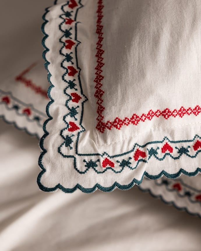 Gao Double 100% Cotton Embroidered Washed Sheet Duvet Cover Set - Ecru