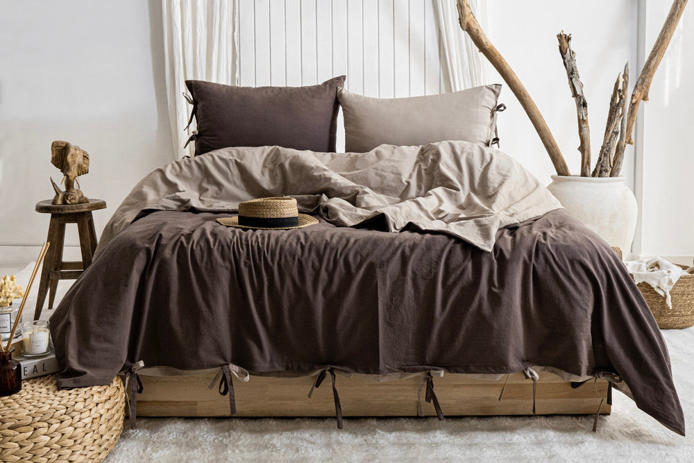 Colorful Washed Cotton Duvet Cover Set – Chocolate Brown & Beige