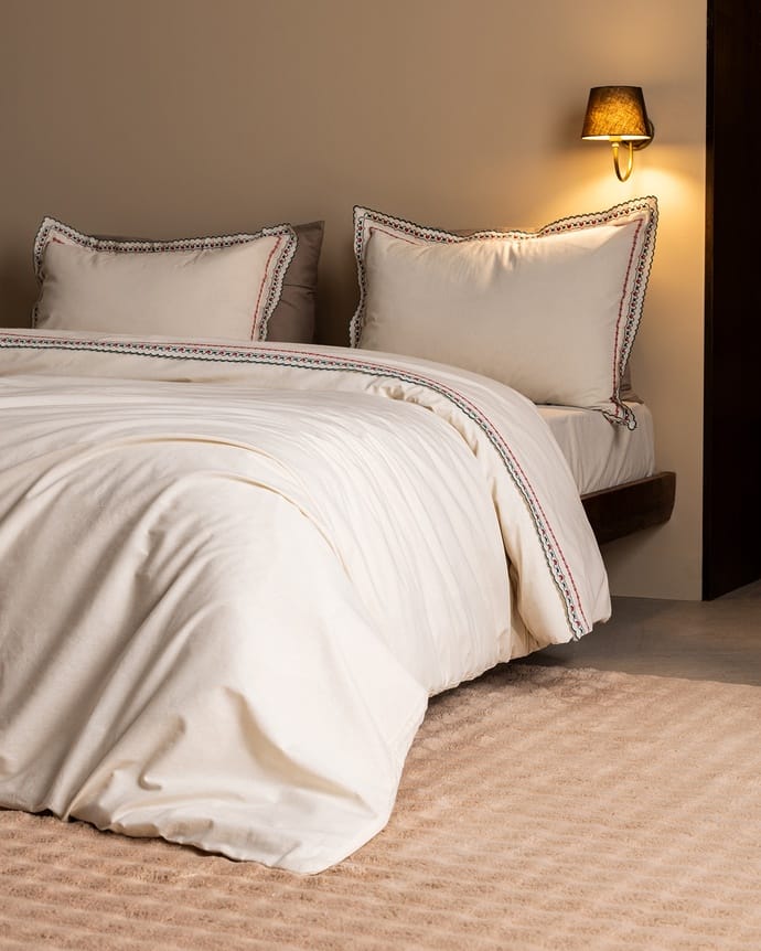 Gao Double 100% Cotton Embroidered Washed Sheet Duvet Cover Set - Ecru