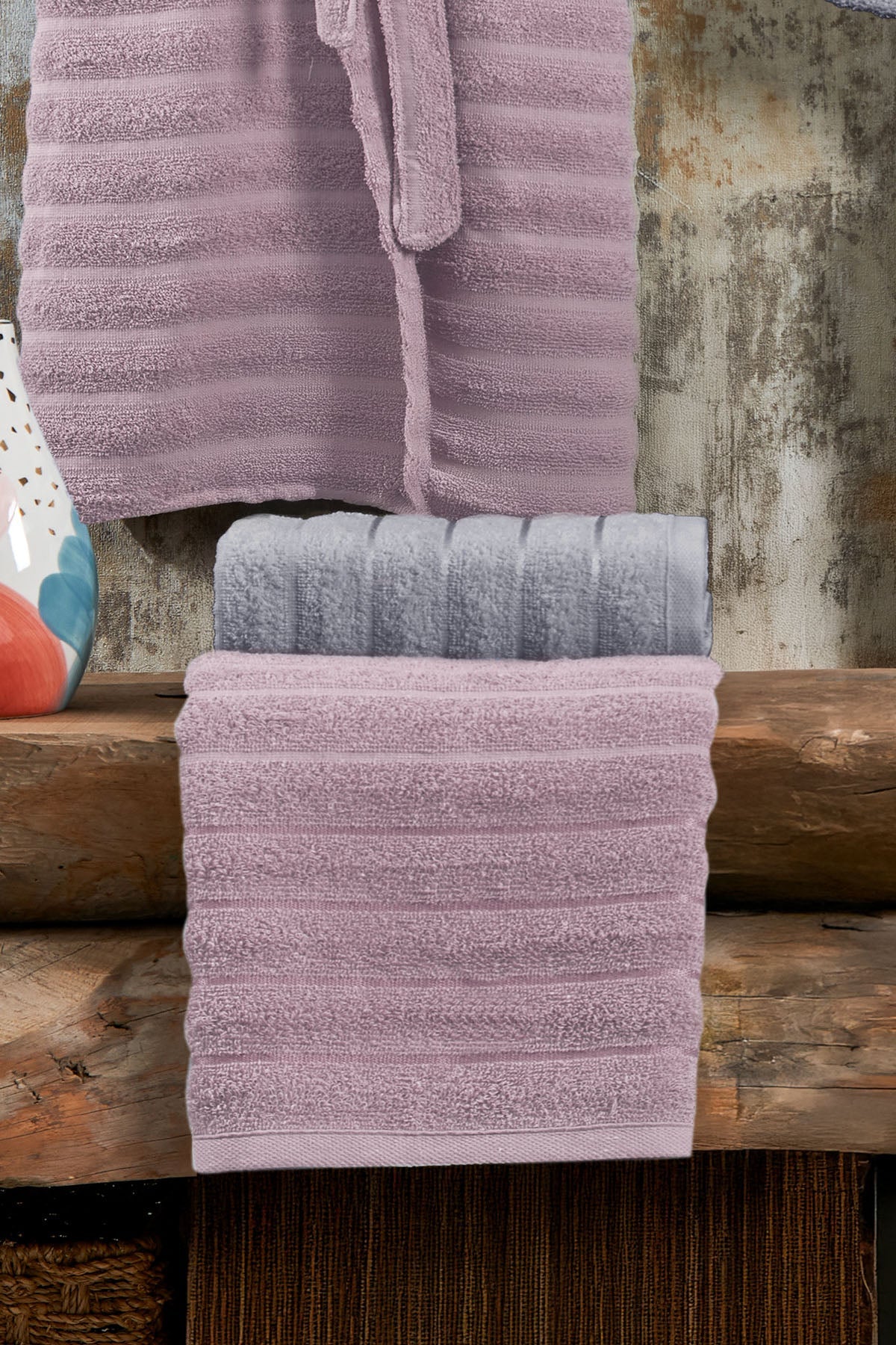 Soft Bathrobe Family Set, 4-Piece Hammam Set (70x135 cm), Rose Pink-Gray