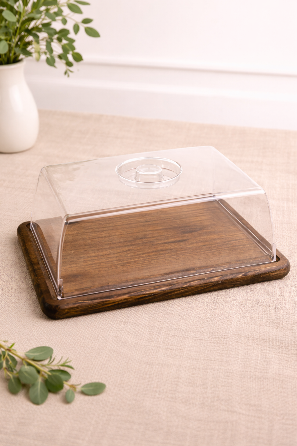Large Square Wooden Stand Cake Dome and Serving Tray Natural Wood
