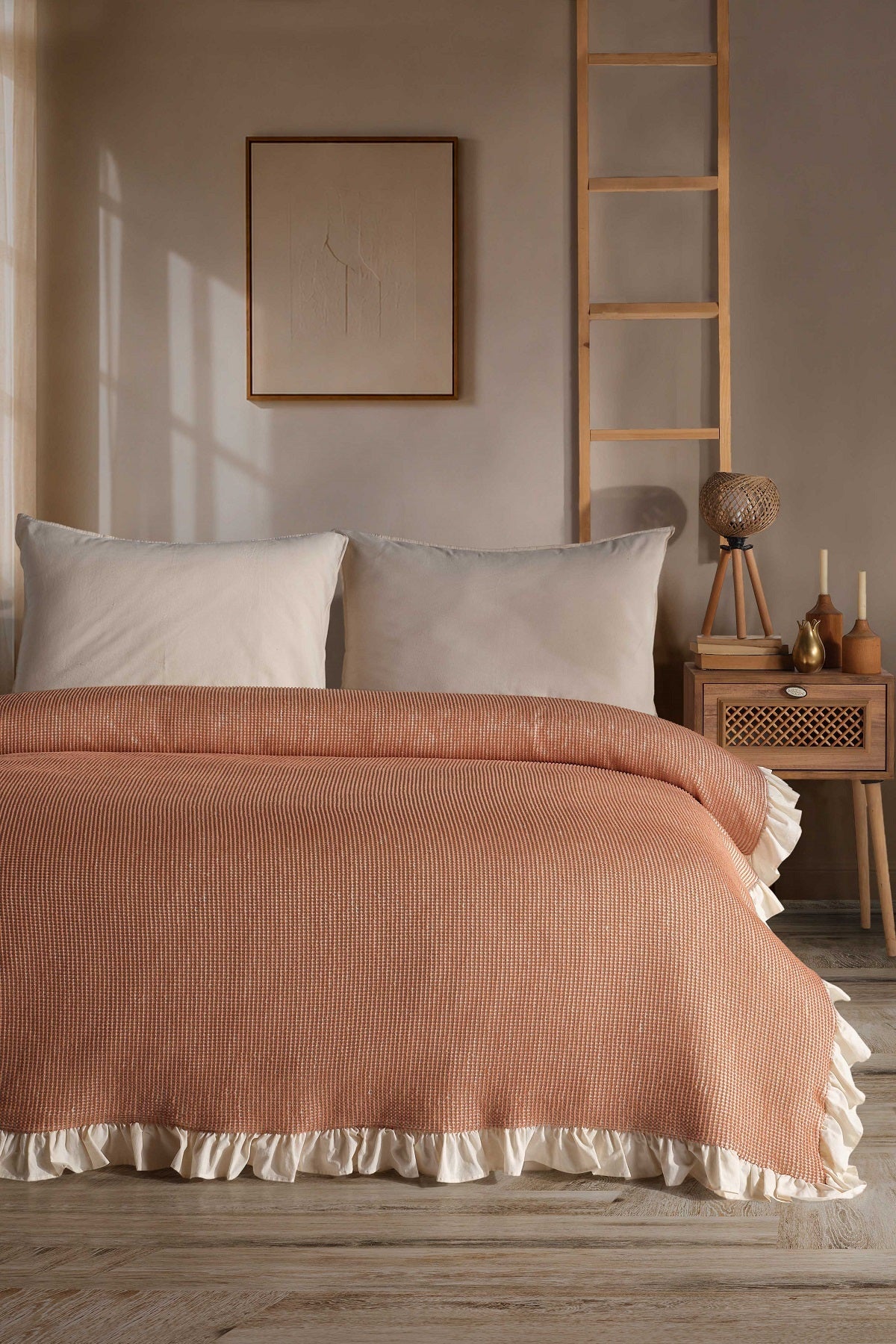 Doris 100% Cotton Ruffled  Bedspread/Quilt  - Salmon