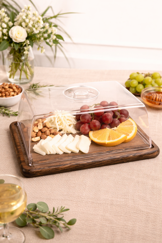 Large Square Wooden Stand Cake Dome and Serving Tray Natural Wood