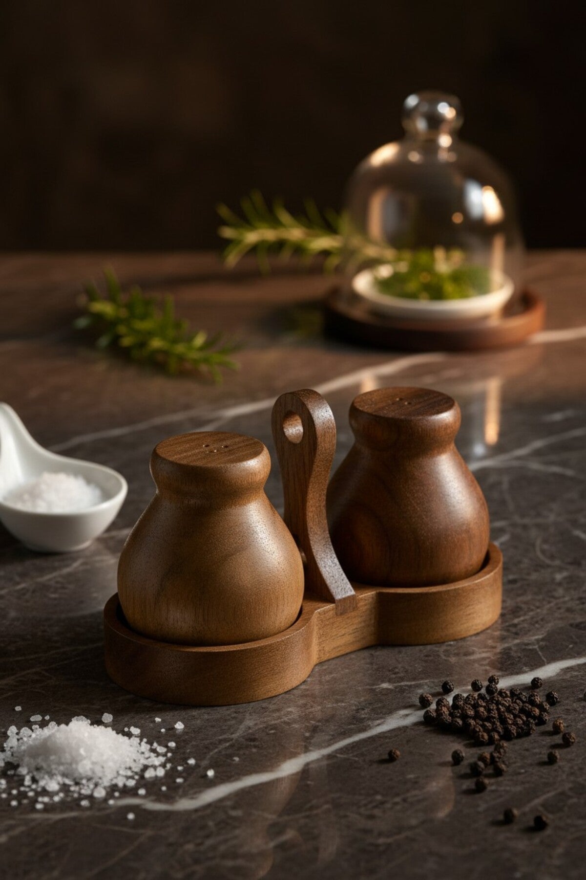 Acacia Noir Salt and Pepper Shaker Set with Stand