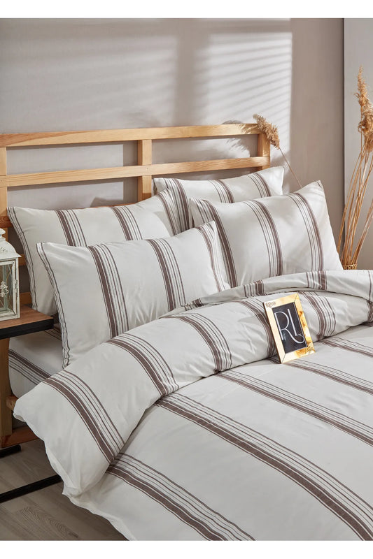 Striped Cotton Duvet Cover Set – Brown