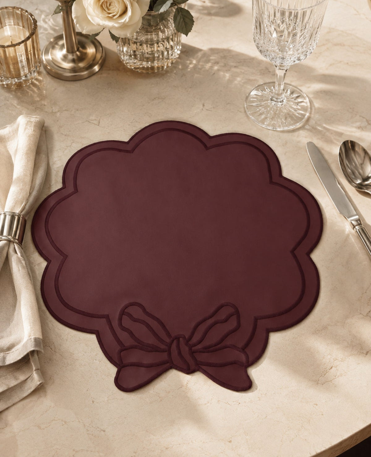 Bow Embroidered Faux Leather Placemat Set – 6 Pieces