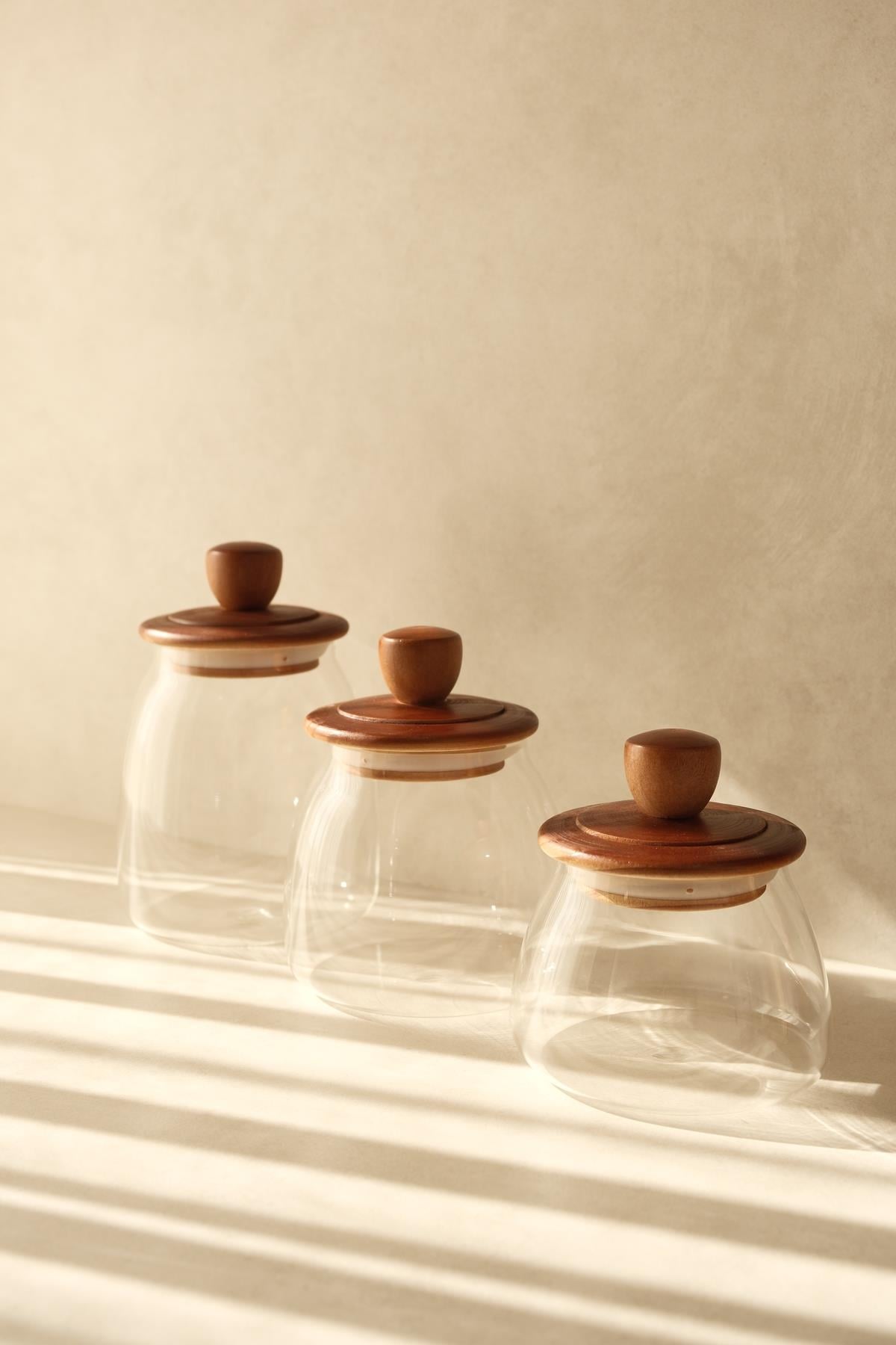 Conical Acacia Glass Storage Jar
